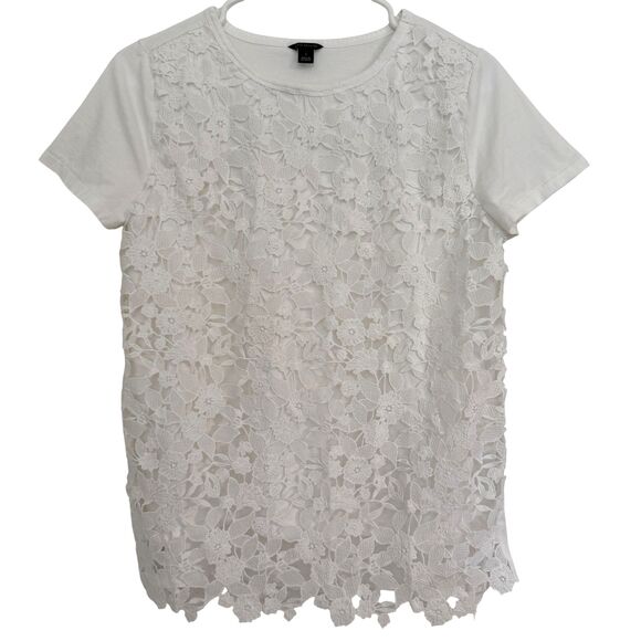 NWOT Ann Taylor Women's Size SMALL Floral Lace Layer Tee Color White 100% Cotton - Picture 2 of 6